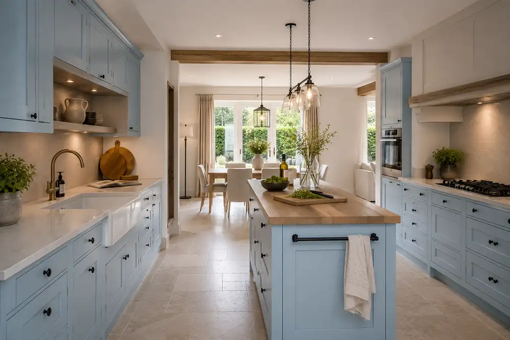 Blauwe parallel keuken met eiland