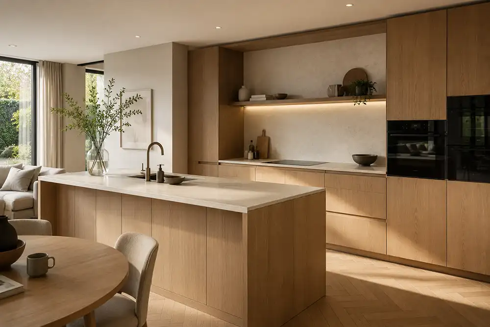 Een keuken met warme houttinten