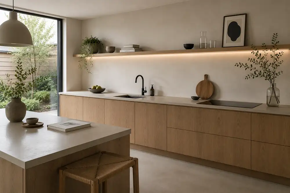 Een minimalistische keuken zonder bovenkasten