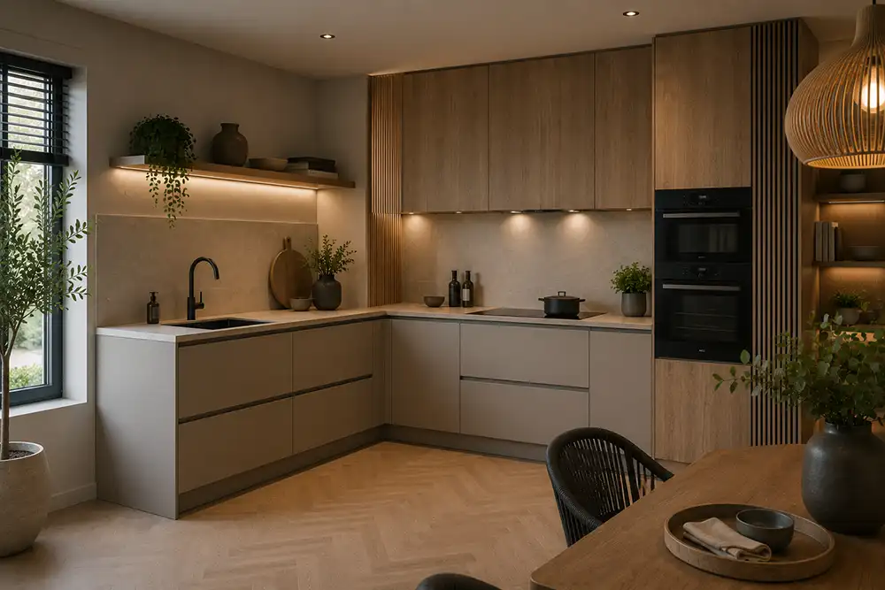 Hoekkeuken met natuurlijke materialen en houtaccenten
