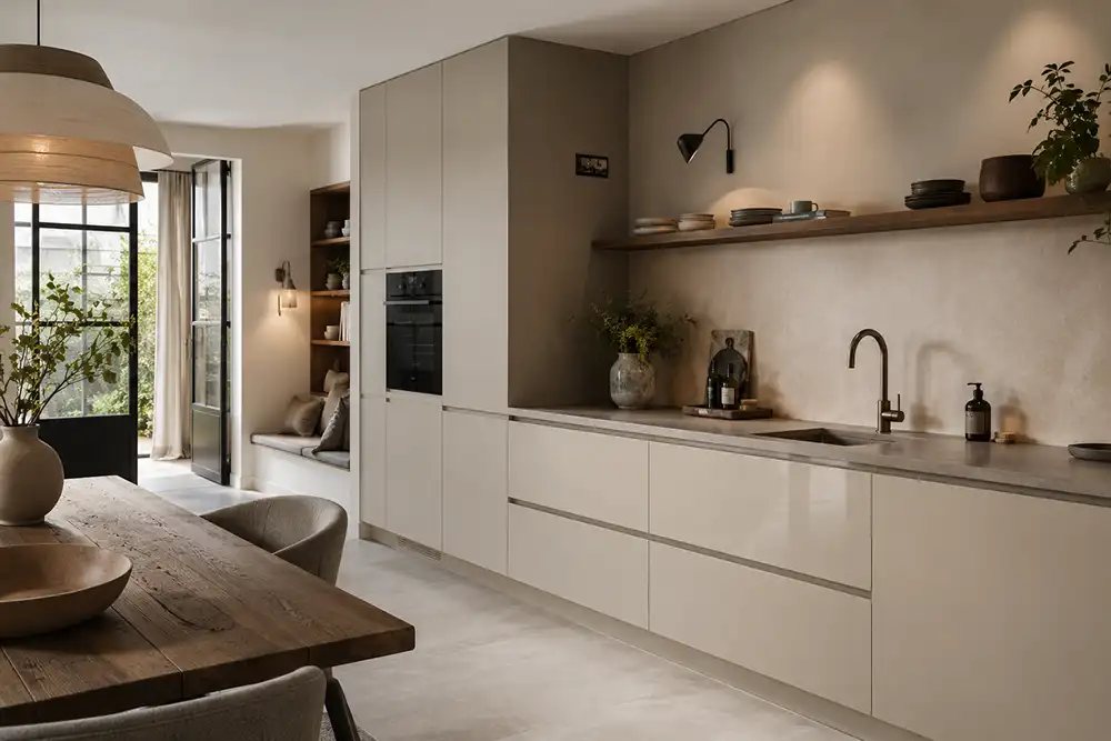 Beige hoogglans rechte keuken
