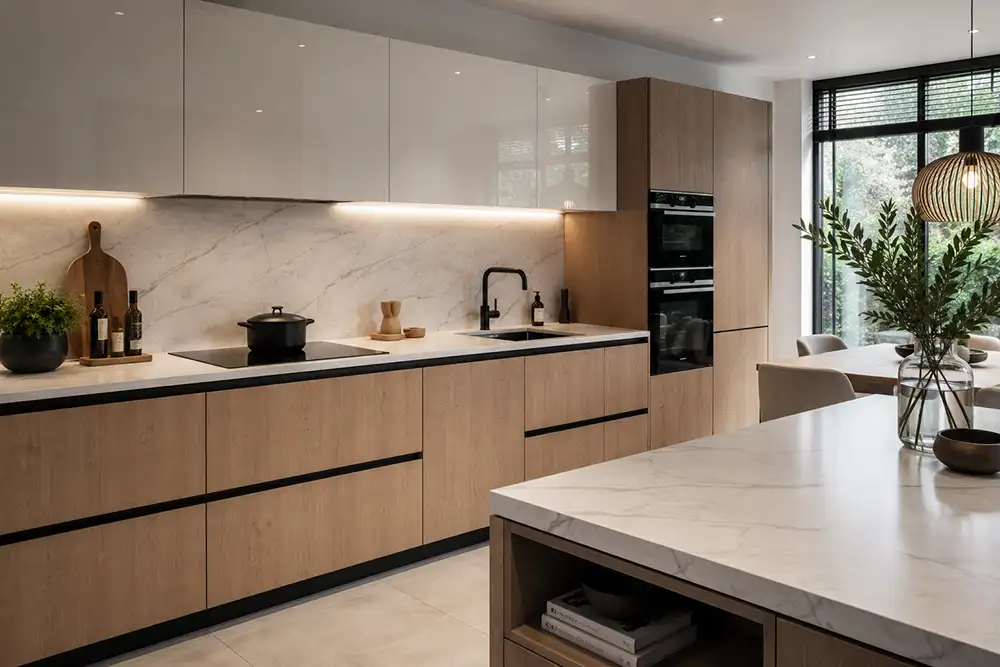 Hoogglans keuken met houten onderkastjes