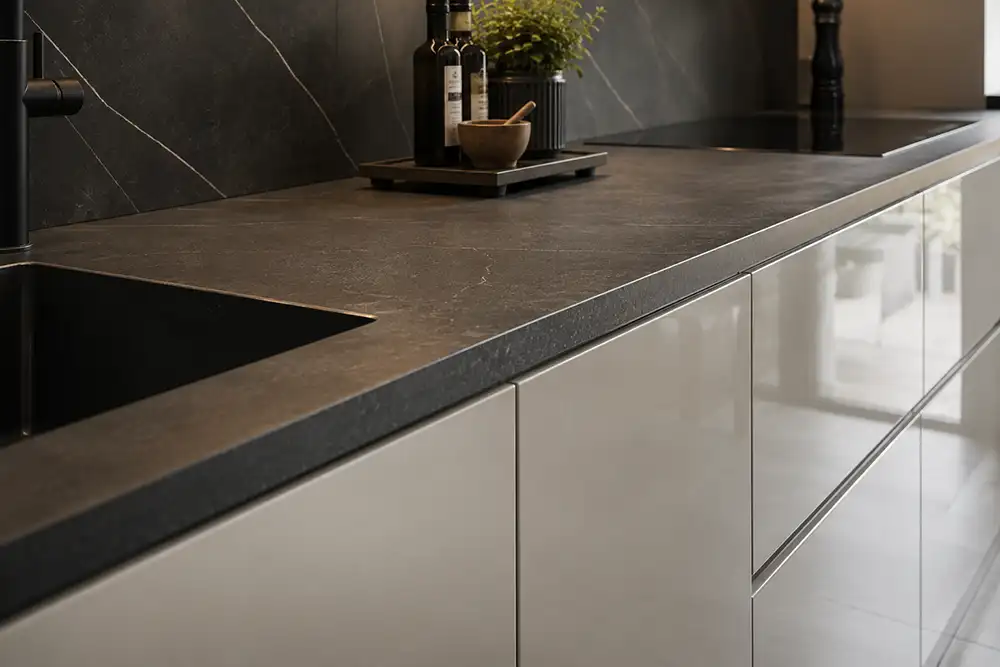 Hoogglans keuken met donker keramisch werkblad