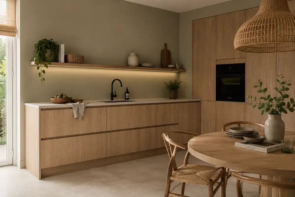 Houtlook keuken met natuurlijke muurkleur