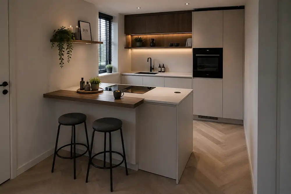 Kleine keuken met kookeiland