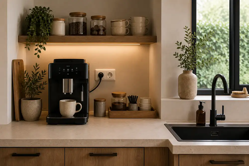 Koffiecorner op modern keukenaanrecht