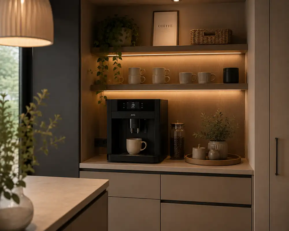 Koffiehoekje met potjes mokken en plant