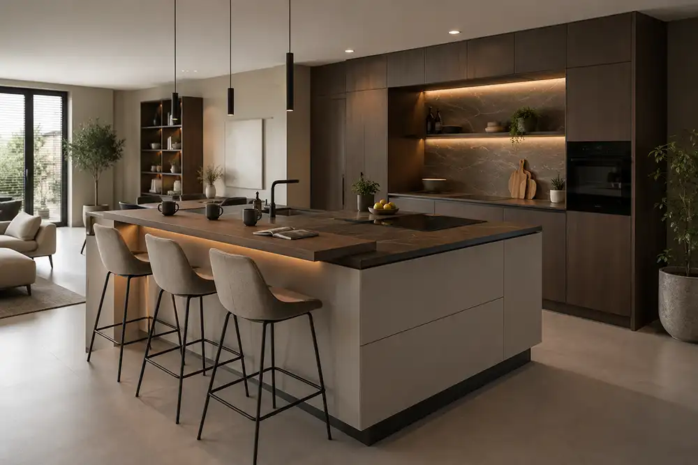 Kookeiland met bar in moderne keuken