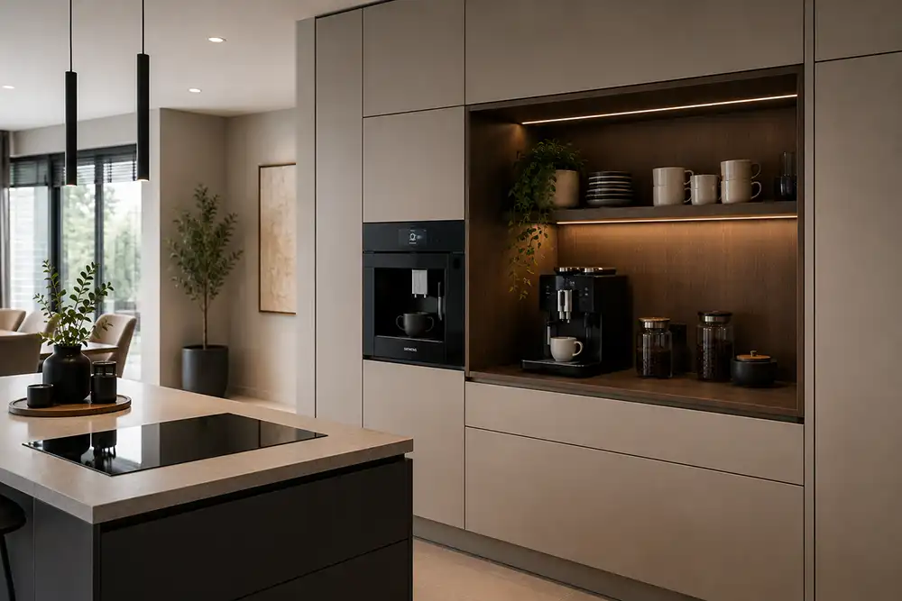 Moderne koffiecorner met ingebouwde koffiemachine