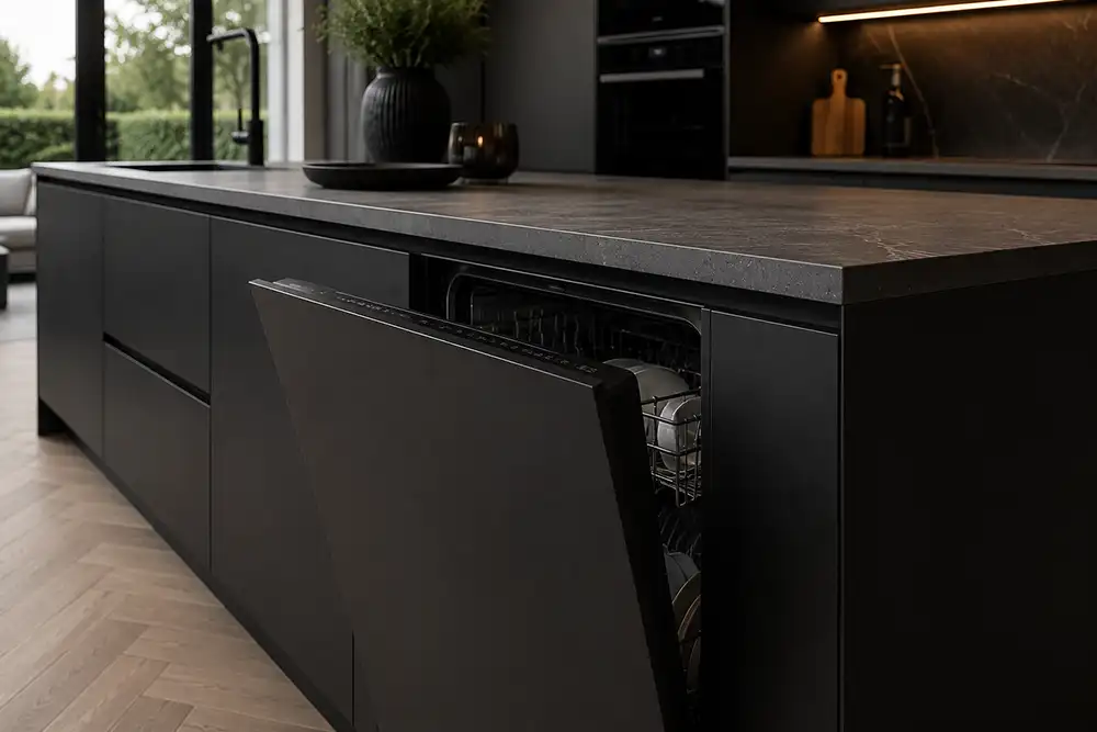 Zwarte keuken met greeploze vaatwasser