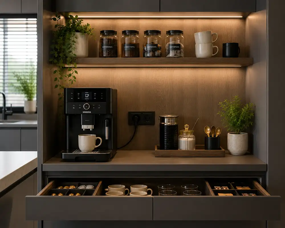 Praktische koffiecorner met apparatuur en opberging