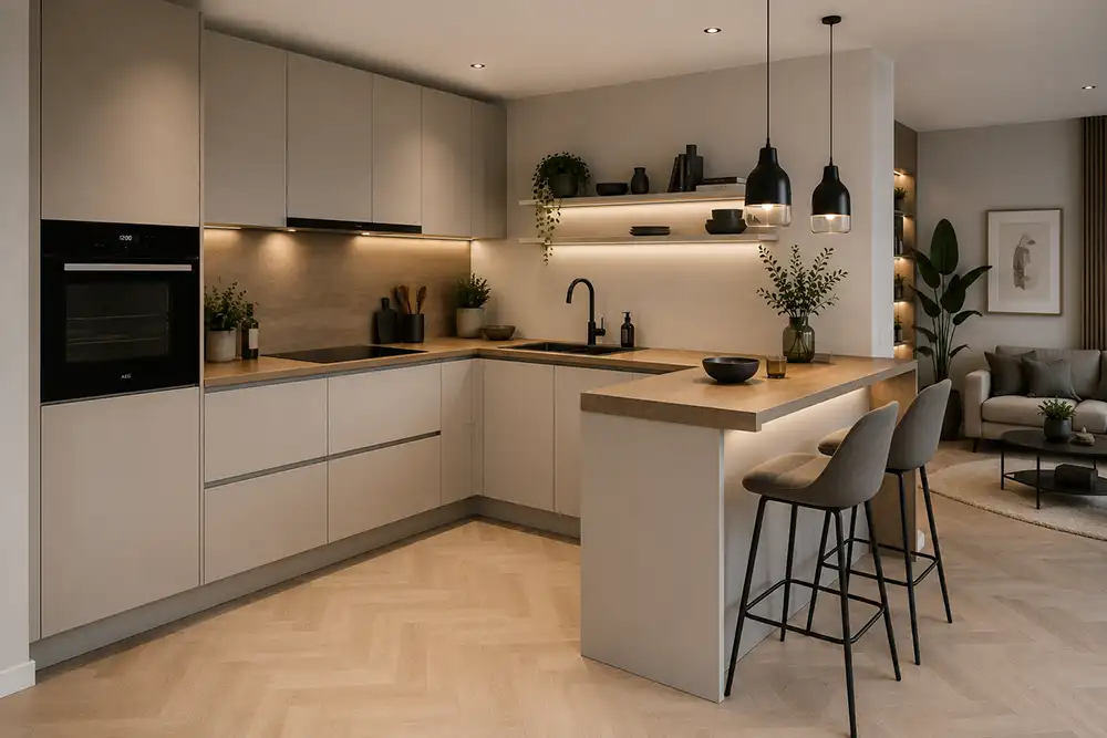 Witte hoekkeuken met bar