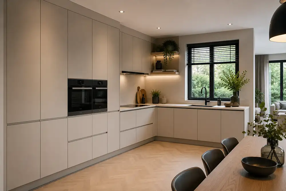 Witte hoekkeuken met grote kastenwand
