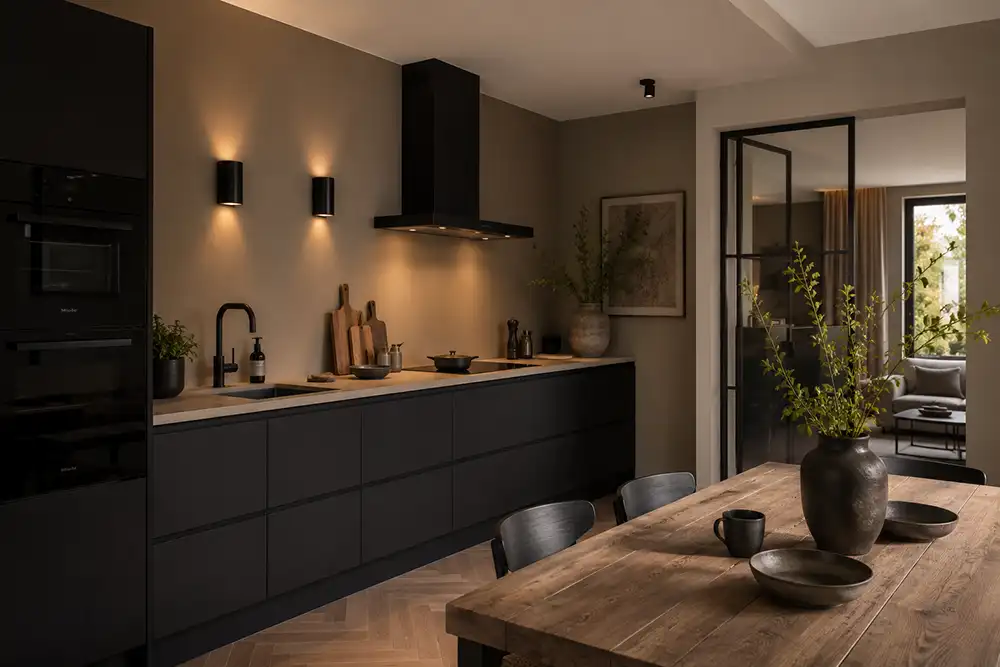 Zwarte keuken met warme greige muur