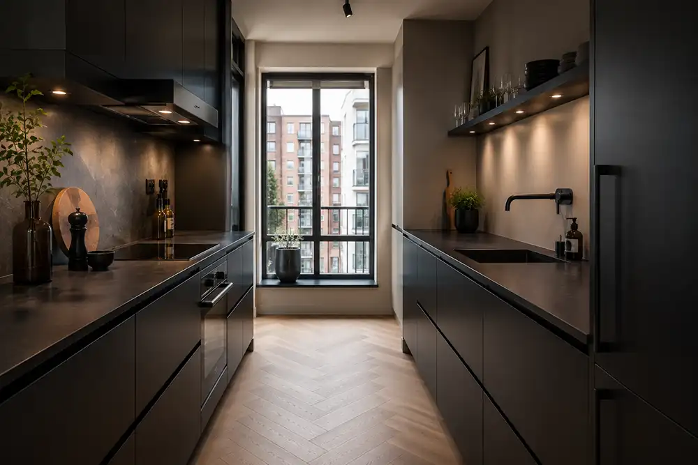 Zwarte moderne parallel keuken in appartement